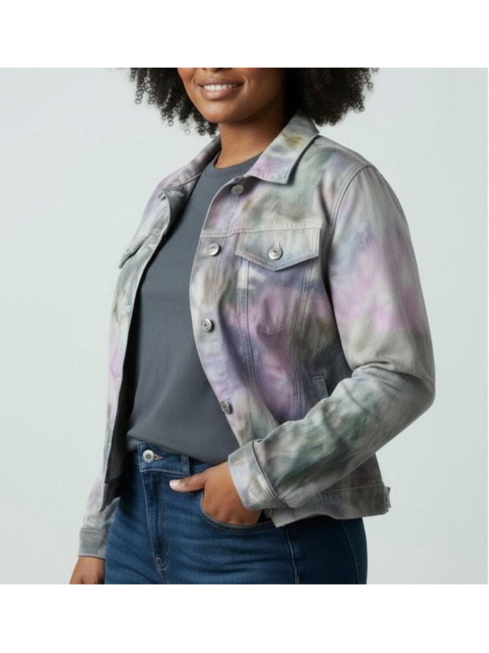 Medium Hand-Dyed Stretch Denim Jacket, Pastel Watercolor Tie Dye, Reclaimed Gap